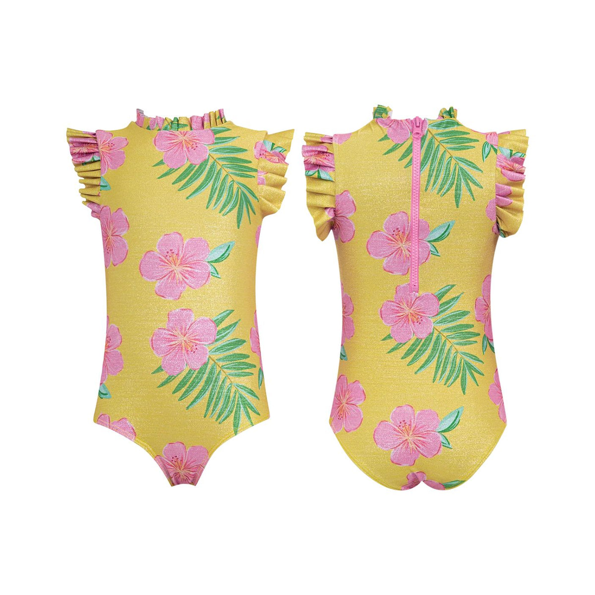 A children's one-piece swimsuit shown from both the front and back views. The swimsuit is bright yellow with a pattern of pink hibiscus flowers and green palm leaves, featuring ruffled shoulder straps and a center zipper.