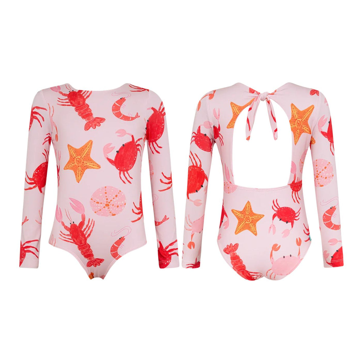 A children's long-sleeve one-piece swimsuit shown from both front and back on a white background. The swimsuit has a light pink base with a playful print of red crabs, orange starfish, and pink seashells.