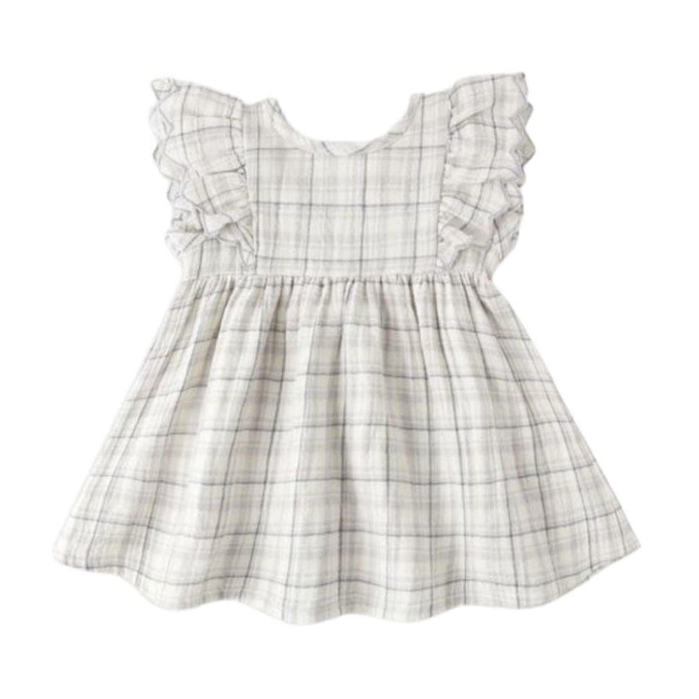 A baby girl's sleeveless dress with ruffled cap sleeves and a flared skirt, featuring a soft beige and white plaid pattern with thin gray lines, shown against a plain white background.