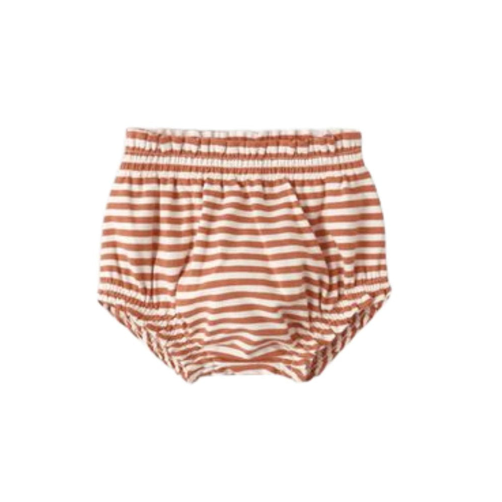 A pair of baby bloomers with horizontal rust-orange and white stripes, featuring an elastic waistband, shown against a plain white background.