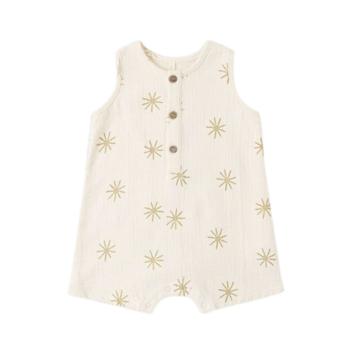 An off-white sleeveless baby romper with a textured gauze-like fabric, featuring a button-up henley neckline and an all-over gold starburst pattern, shown against a plain white background.