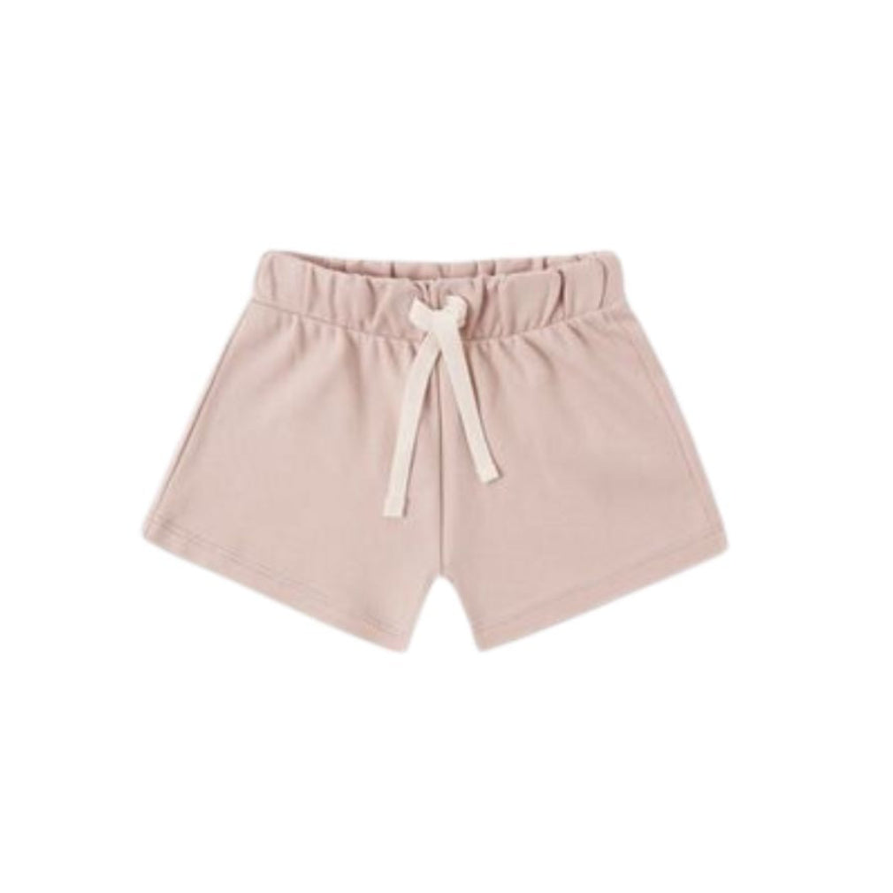 A pair of light pink children's shorts with an elastic waistband and a cream-colored drawstring, shown against a plain white background.