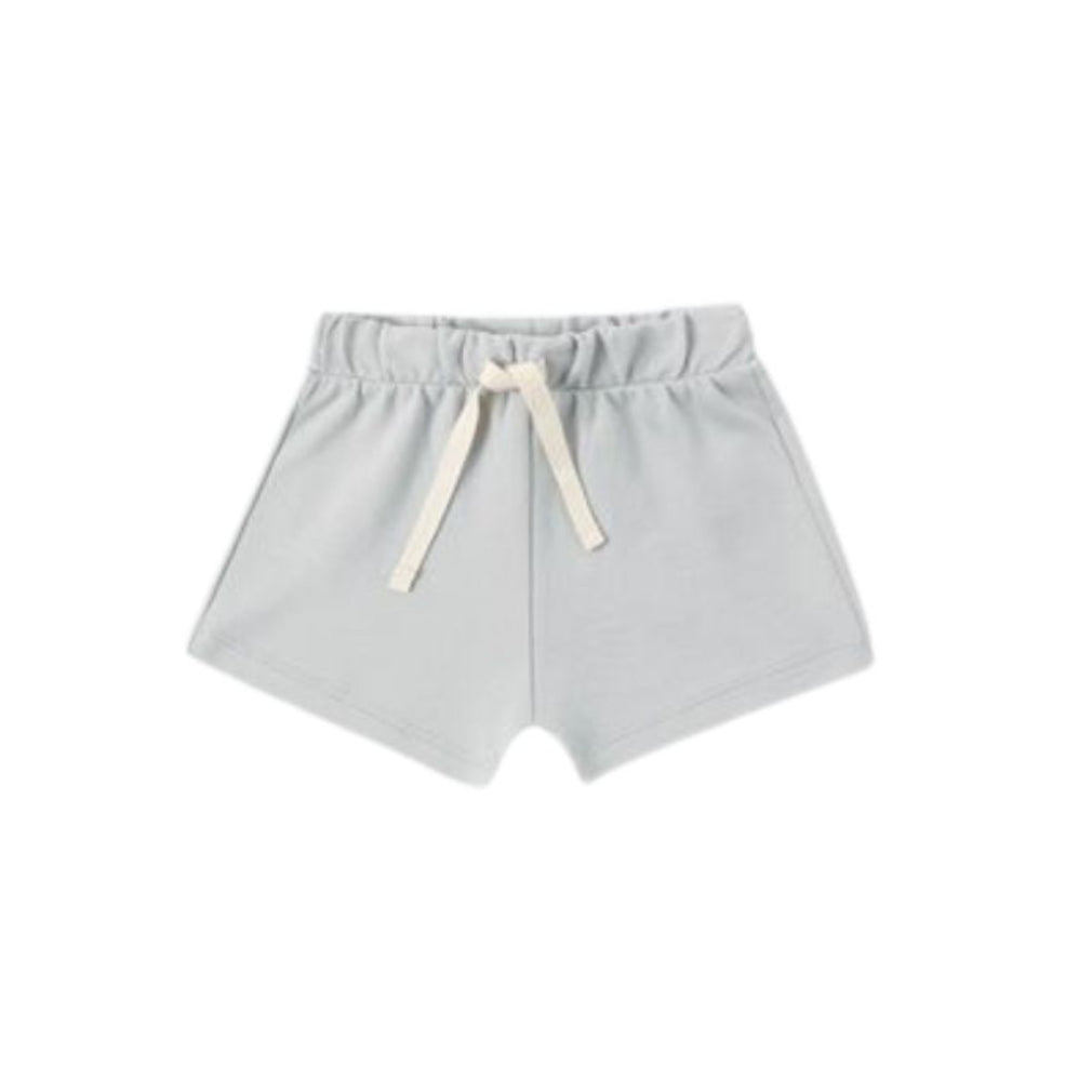 Light gray athletic shorts with an elastic waistband and a cream-colored drawstring, shown against a plain white background.