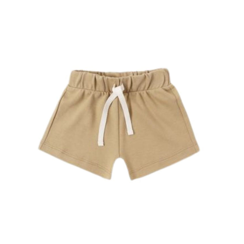 A pair of beige cotton shorts with an elastic waistband and a white drawstring, shown against a plain white background.