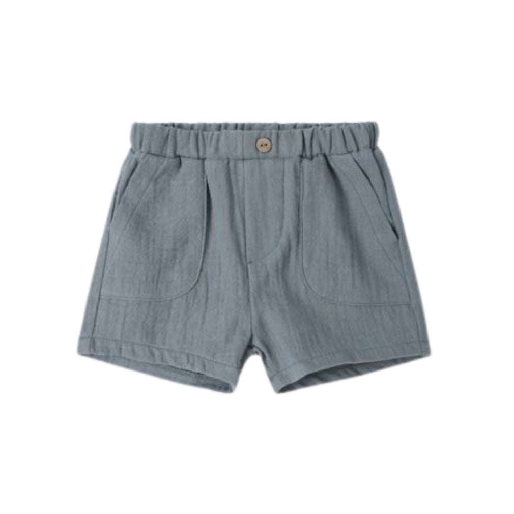 Light blue-gray linen shorts with an elastic waistband and a single decorative button, shown flat on a white background.