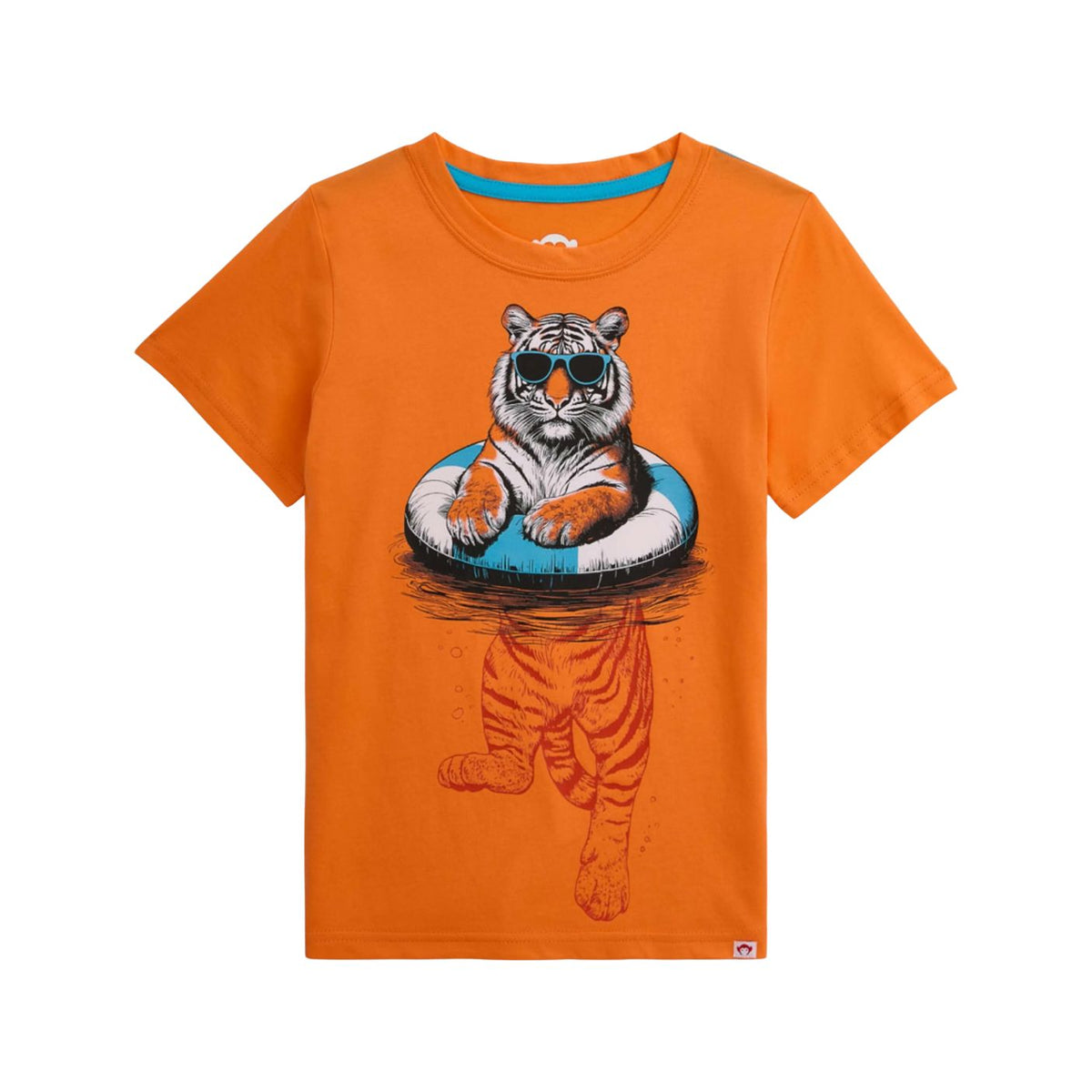 An orange short-sleeve kids' t-shirt featuring a graphic of a white tiger wearing black sunglasses and floating in a blue and white inner tube, with a matching tiger reflection printed below.