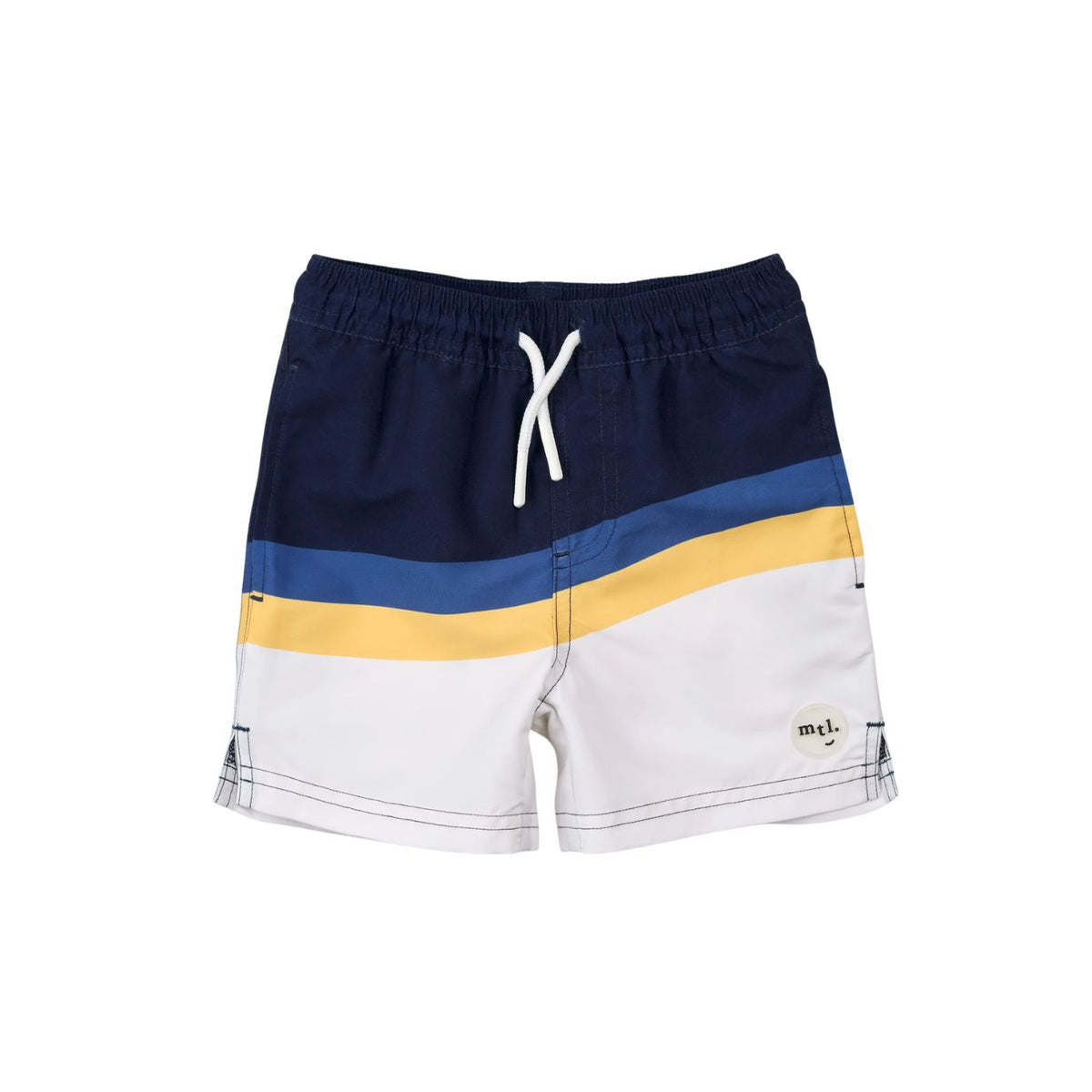 Color-blocked shorts with navy, yellow, and white stripes on a white background
