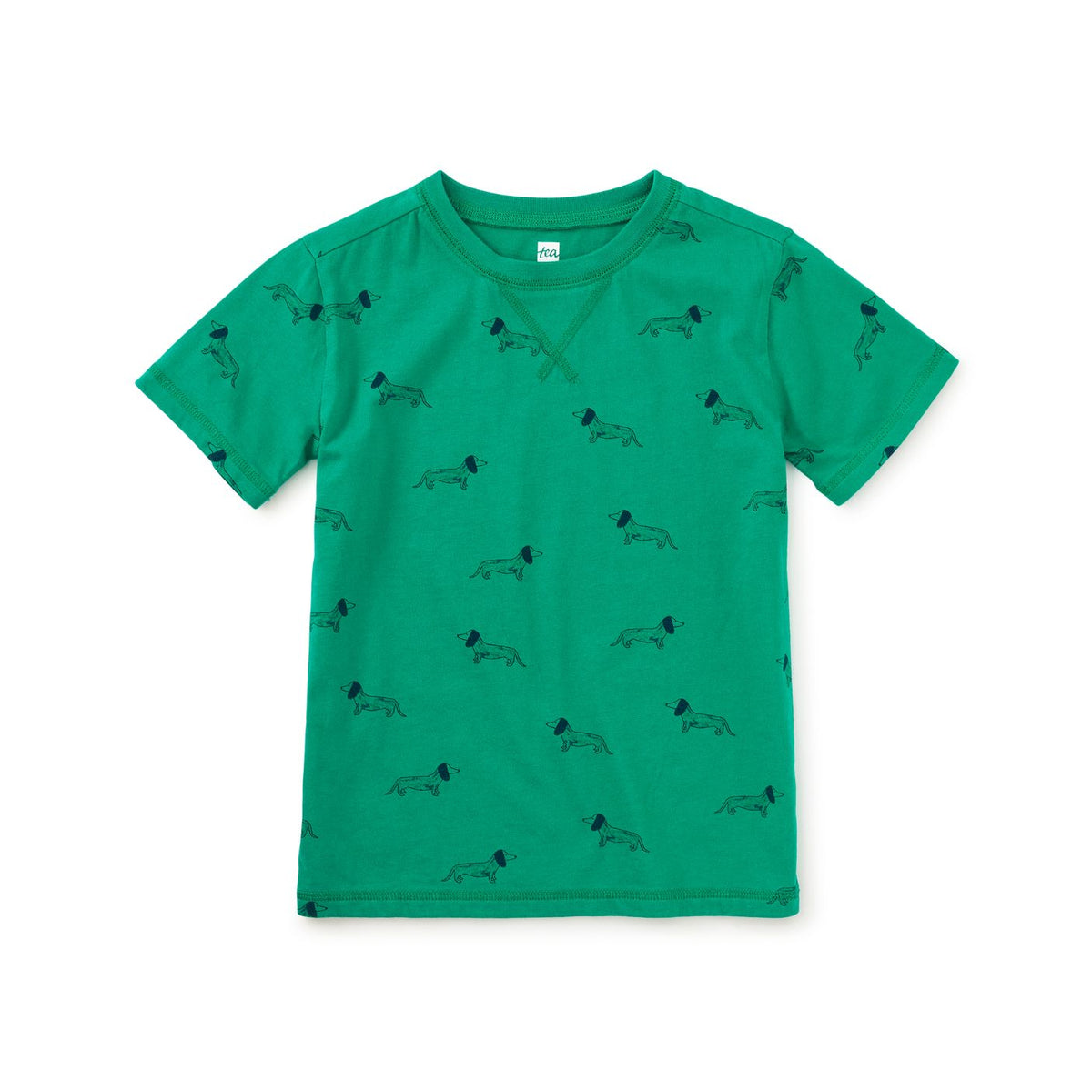 Green t-shirt with small black dog pattern on a white background