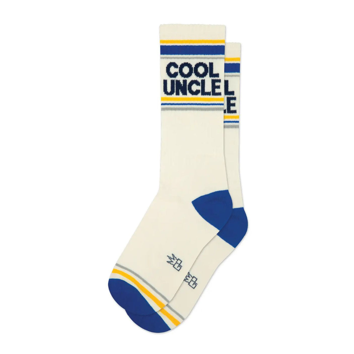 Cream-colored sock with blue and yellow accents and text on a white background