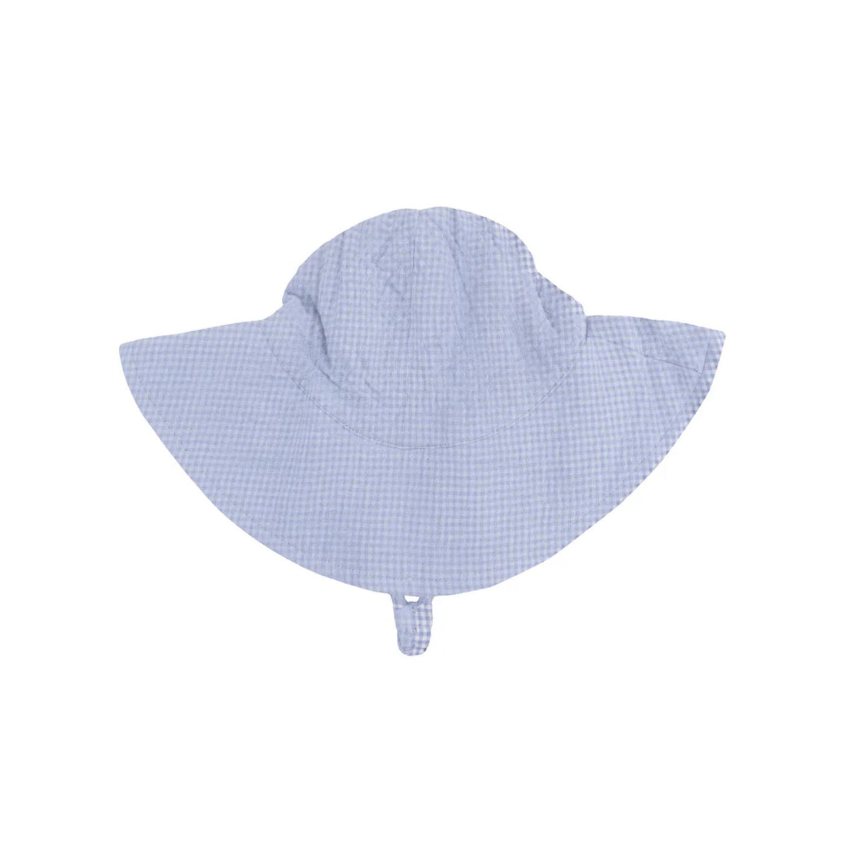 A light blue and white gingham sun hat with a wide brim and chin strap, shown flat against a solid white background.
