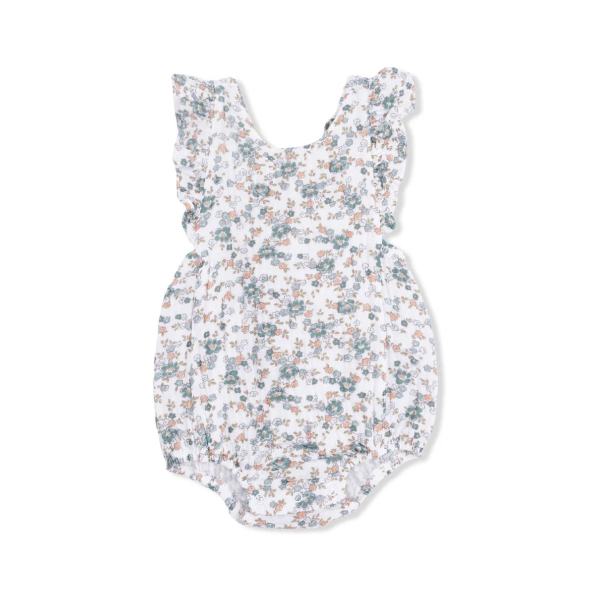 Floral-patterned baby romper on a white background