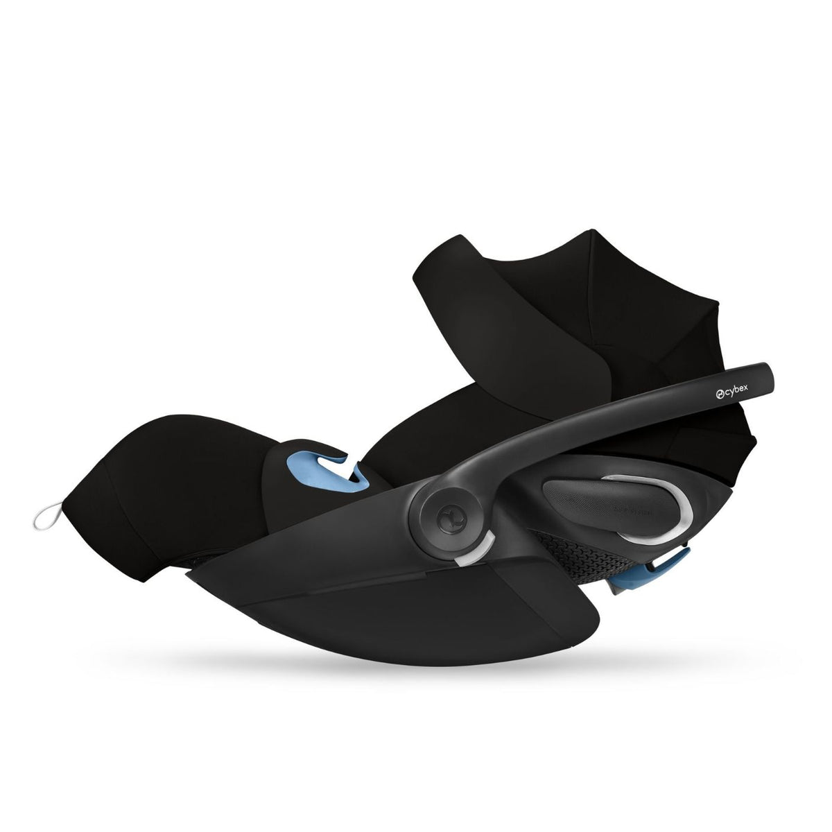 Black baby car seat with blue accents on a white background