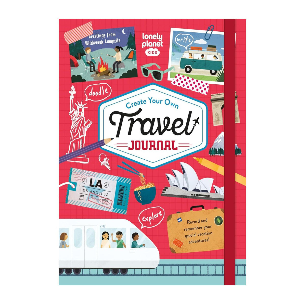 A children's travel journal cover shown front-on against a plain white background. The cover is bright pink with illustrated travel-themed graphics, including a van, ticket, ticket stub, speech bubbles, and landmarks.