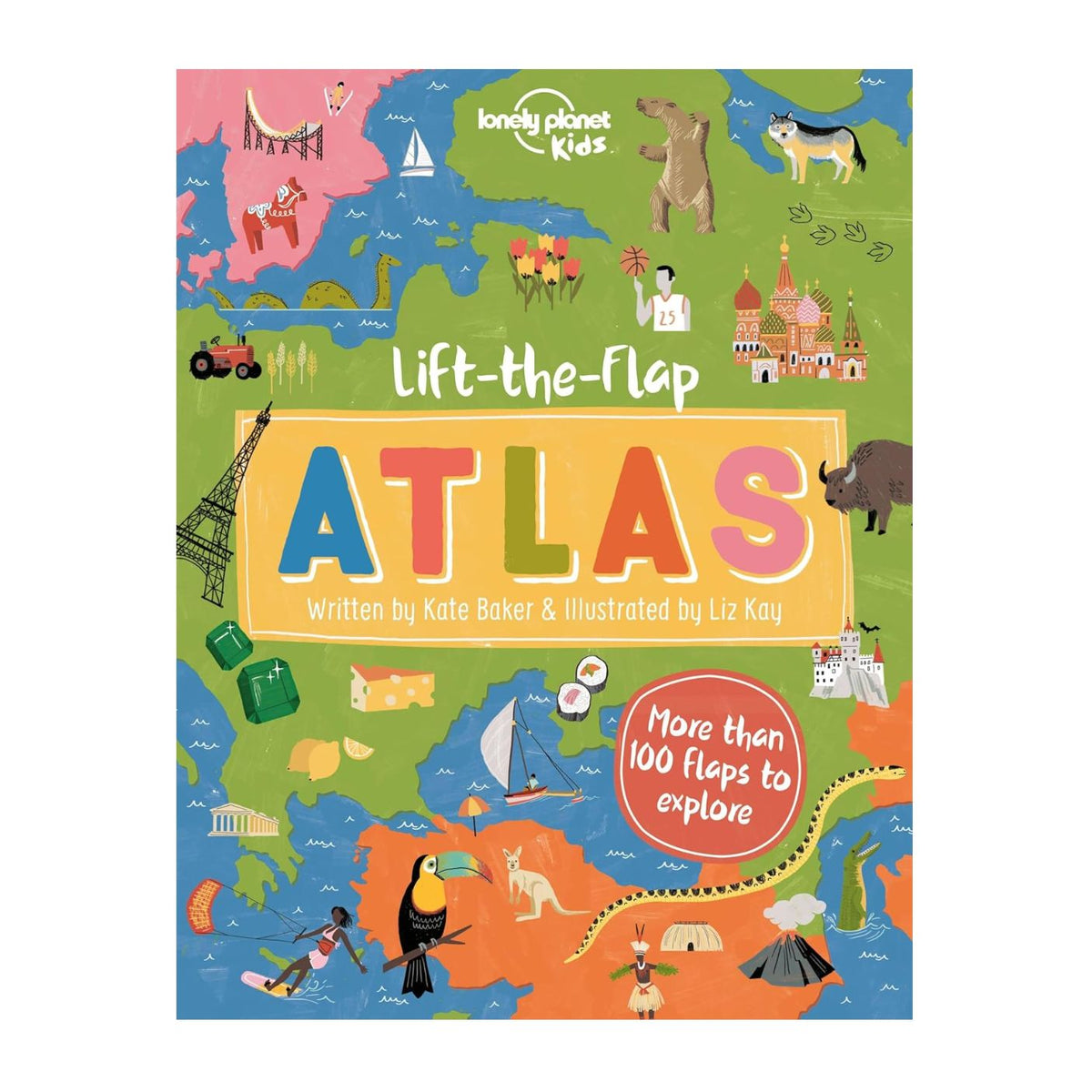 Children's book titled 'Lift-the-Flap Atlas' by Lonely Planet Kids with colorful map design on a white background.