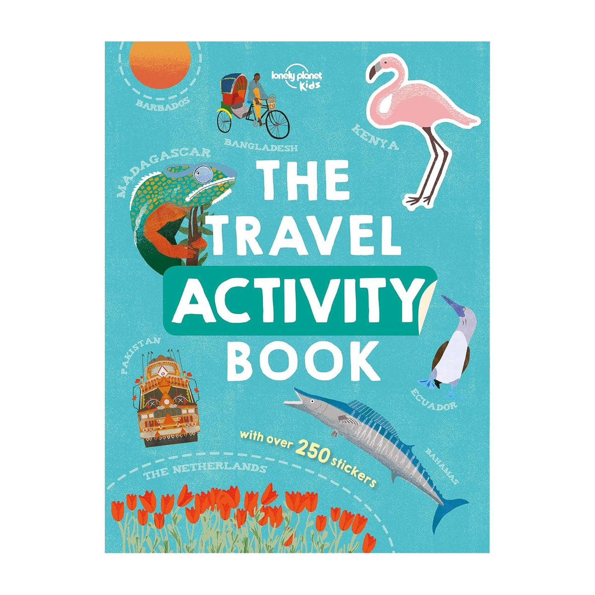 The Travel Activity Book cover by Lonely Planet, featuring a bright turquoise background with colorful illustrated stamps, animals, and travel-themed graphics, plus the title 'THE TRAVEL ACTIVITY BOOK' in large white and teal text.