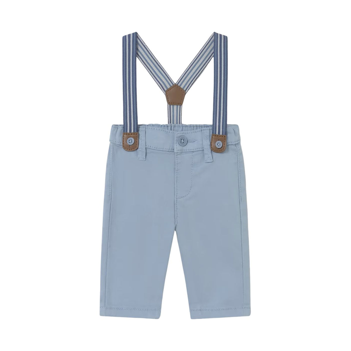 Light blue pants with striped suspenders on a white background