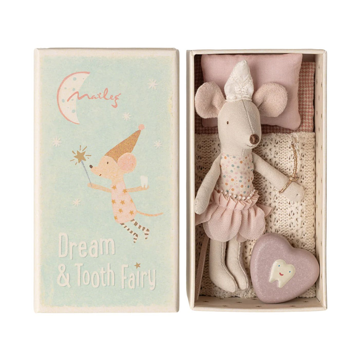 A boxed gift set featuring a plush mouse doll dressed as a fairy in a pastel tutu, with a pink heart-shaped tooth-shaped accessory and soft textile pieces inside. The closed outer box lid shows a pastel illustration of a fairy and the text 'Dream & Tooth Fairy' and 'Maisy'.