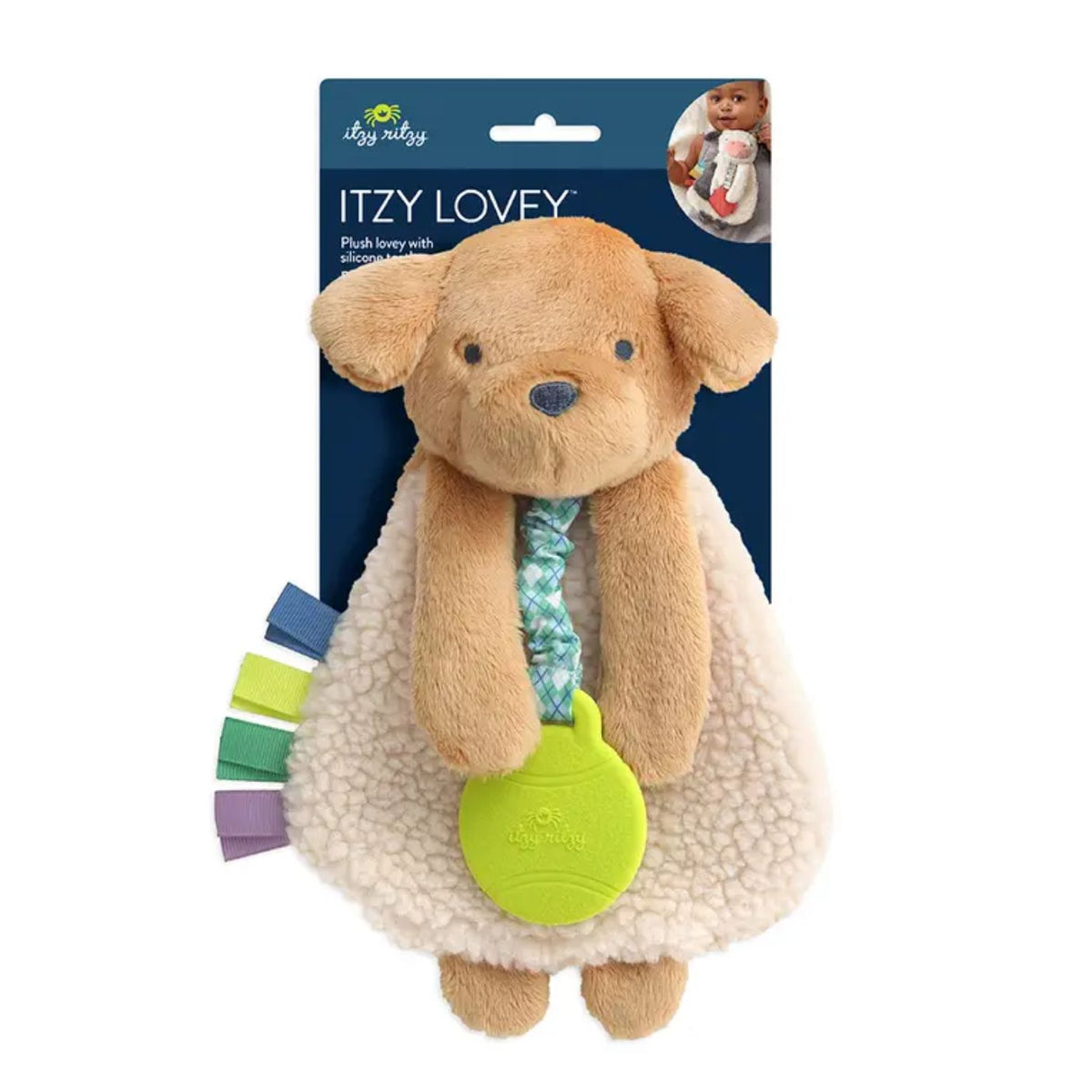 Plush toy with a green tag on a white background