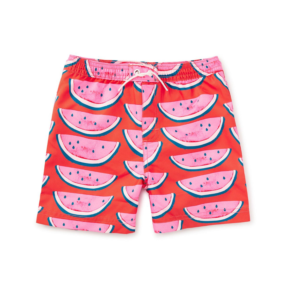 Red children's swim trunks with a watermelon print, featuring a white drawstring at the elastic waistband, shown flat on a white background.