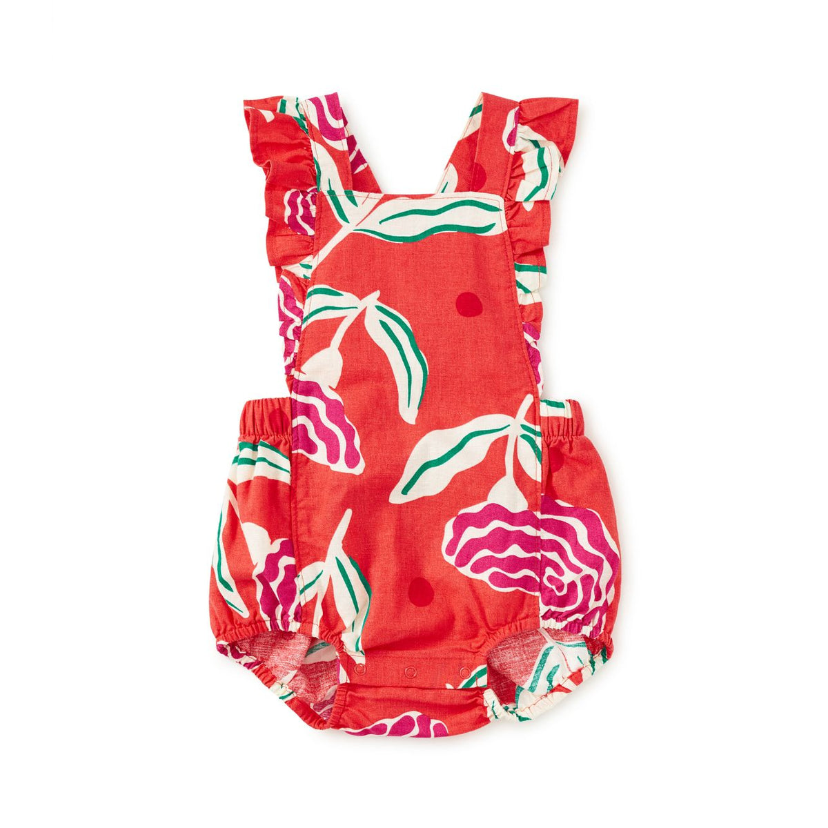 Red romper with floral pattern on a white background