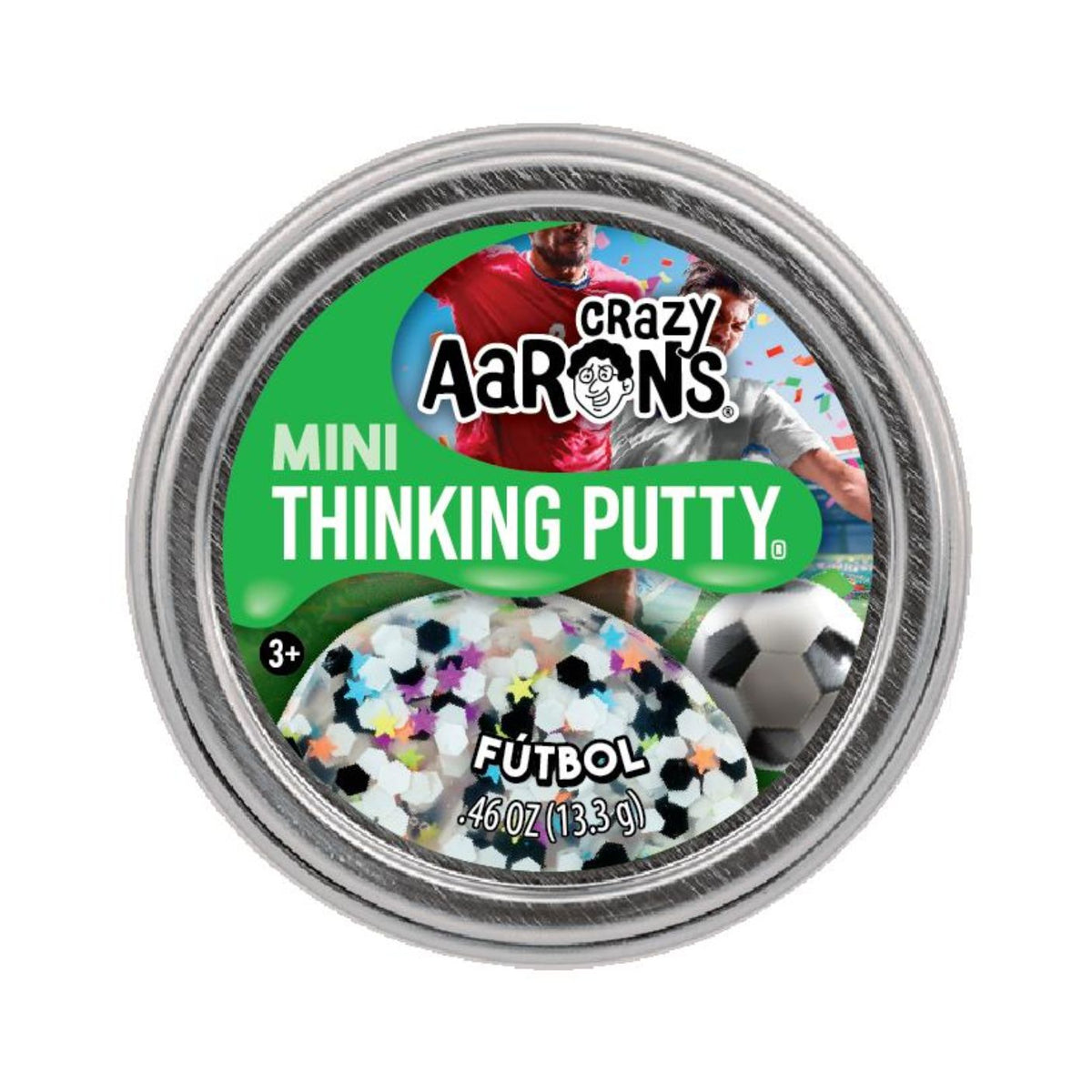 Crazy Aaron's Mini Thinking Putty container with soccer-themed design on a white background