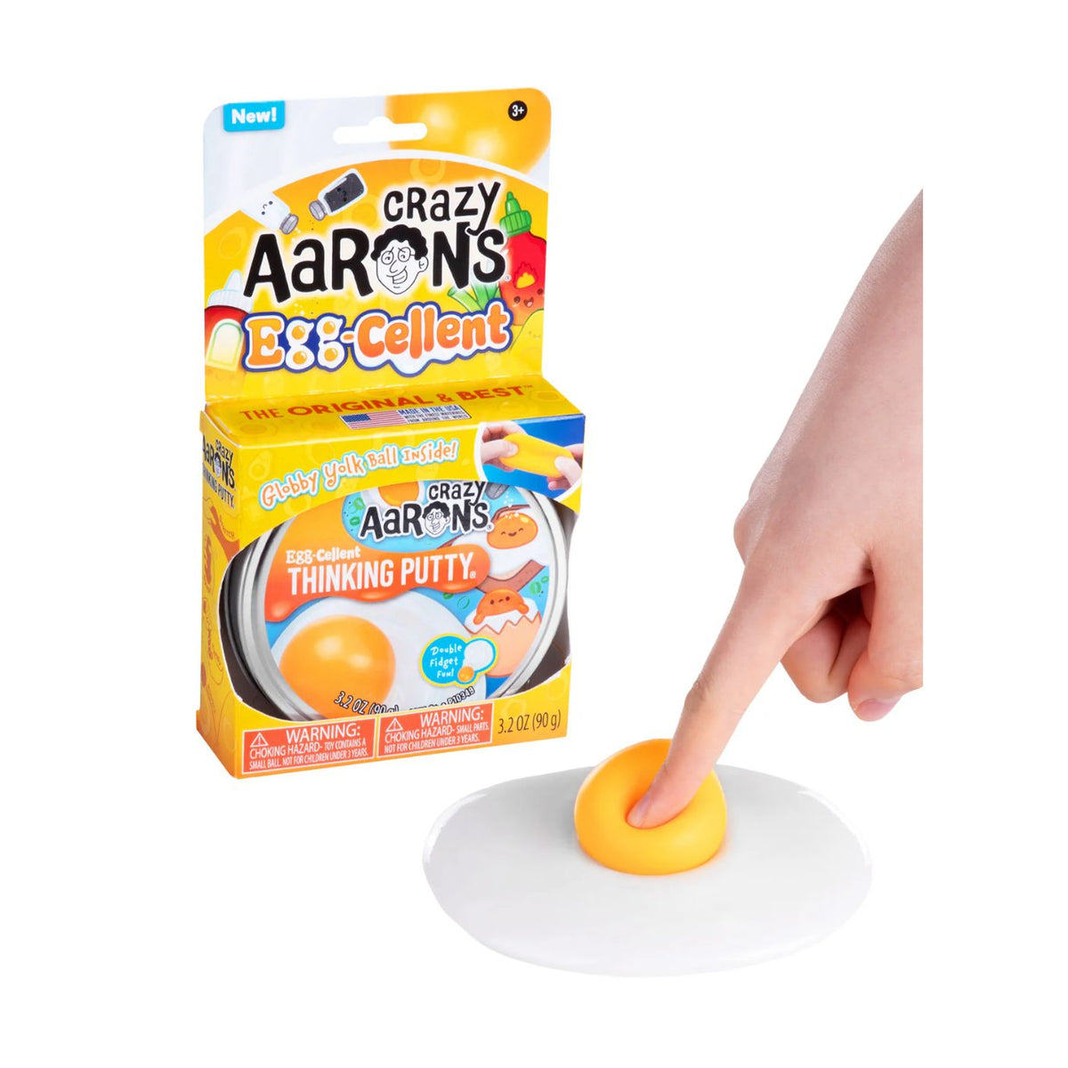 Crazy Aaron's EGG-cellent Thinking Putty with packaging and a hand stretching the putty.