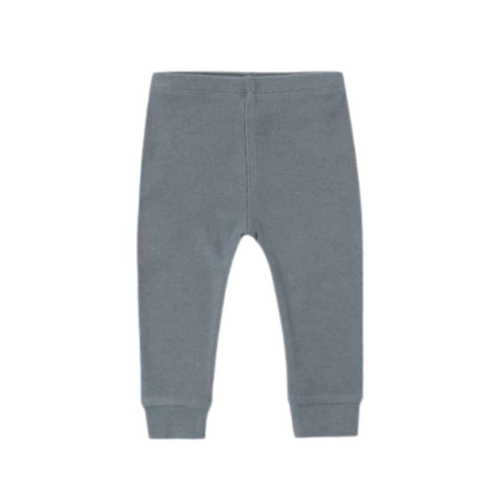 A pair of children's gray knit pants with elastic cuffs, shown flat against a plain white background.