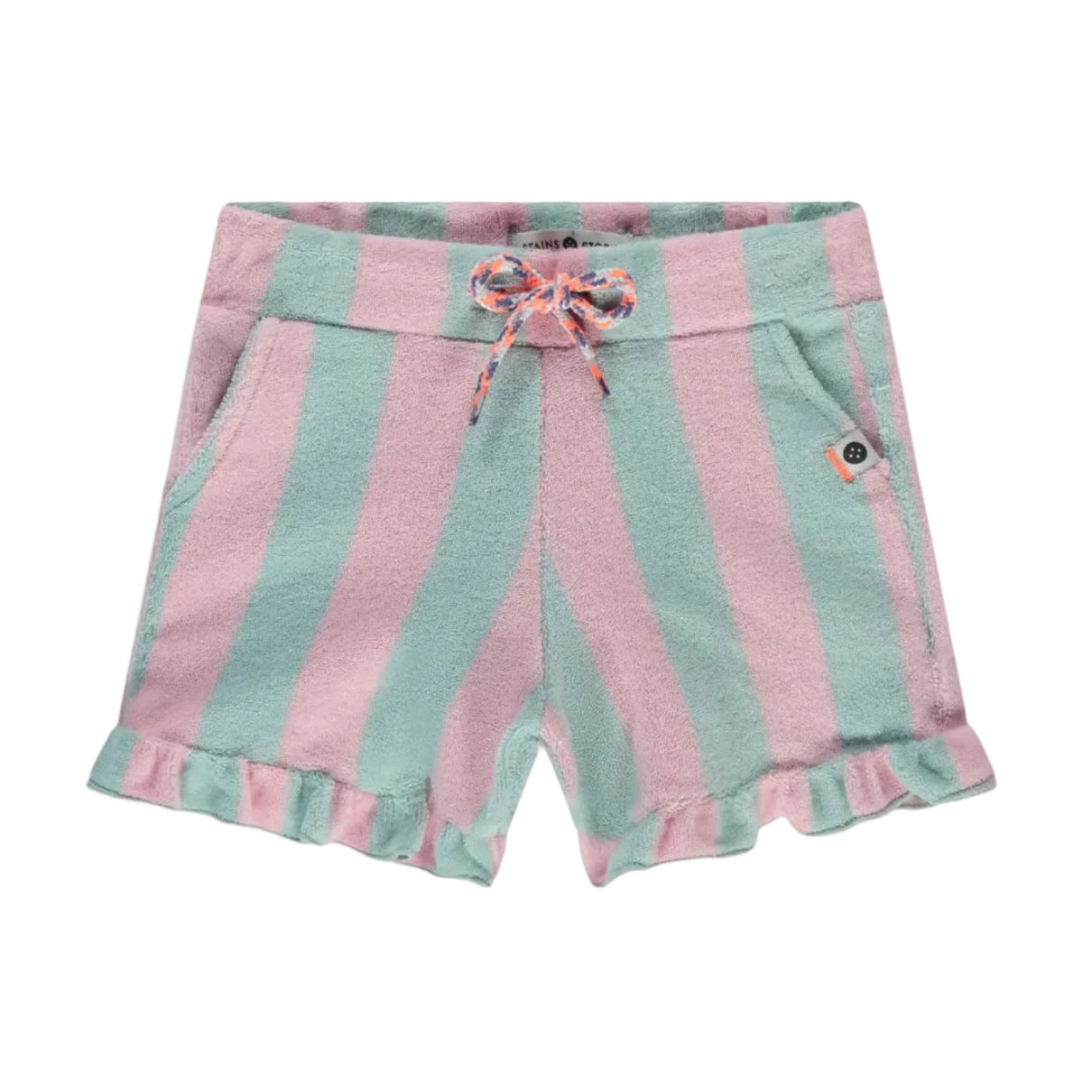 Pink and green striped shorts with a bow on a white background