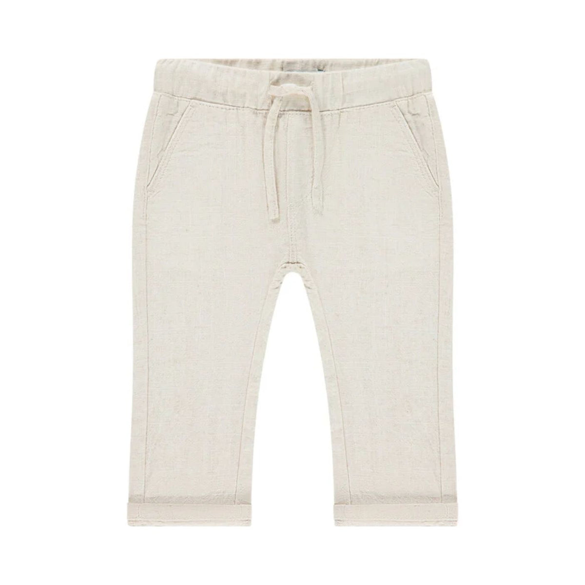 Beige baby pants with a drawstring on a white background