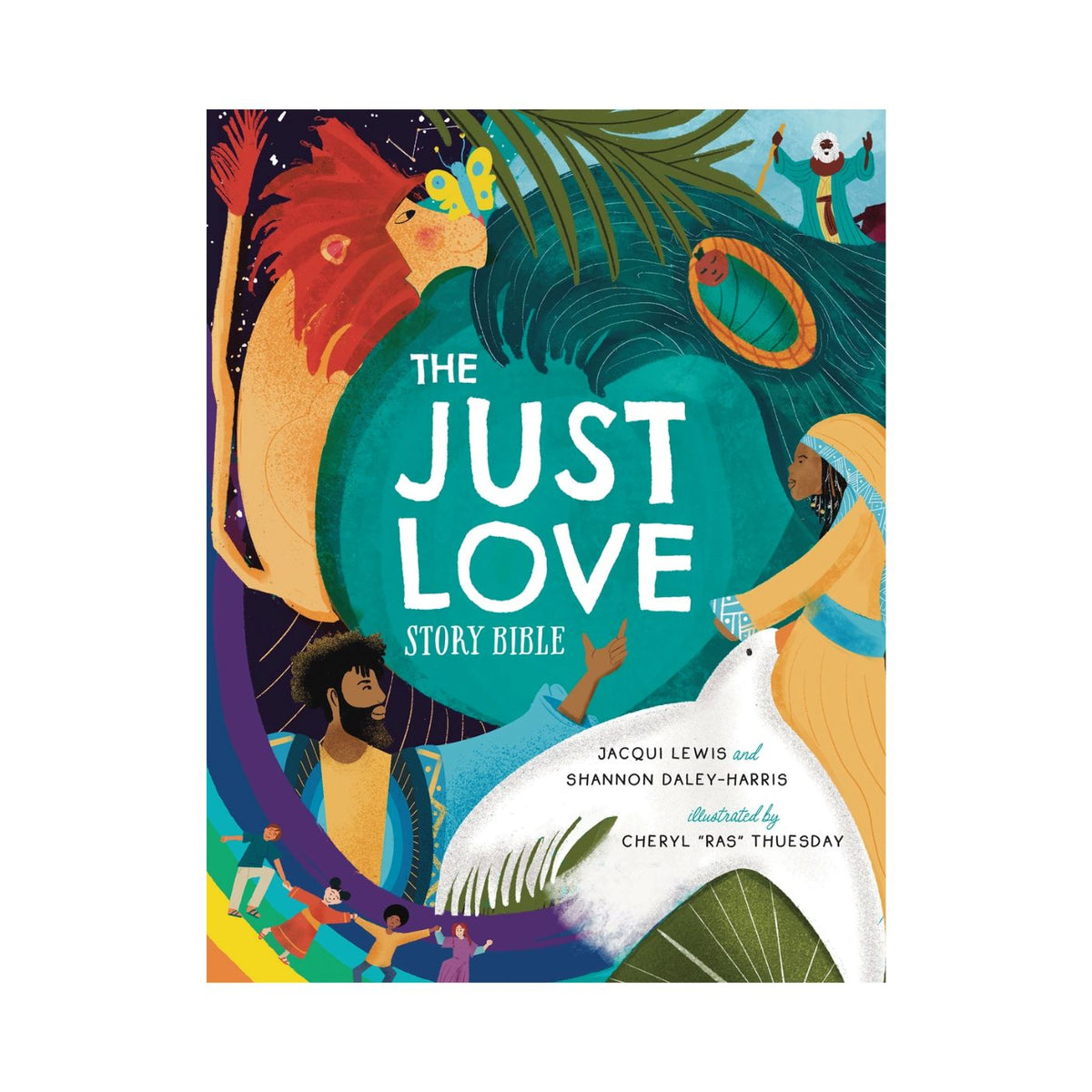 Cover of 'The Just Love Story Bible' with colorful illustrations and text.