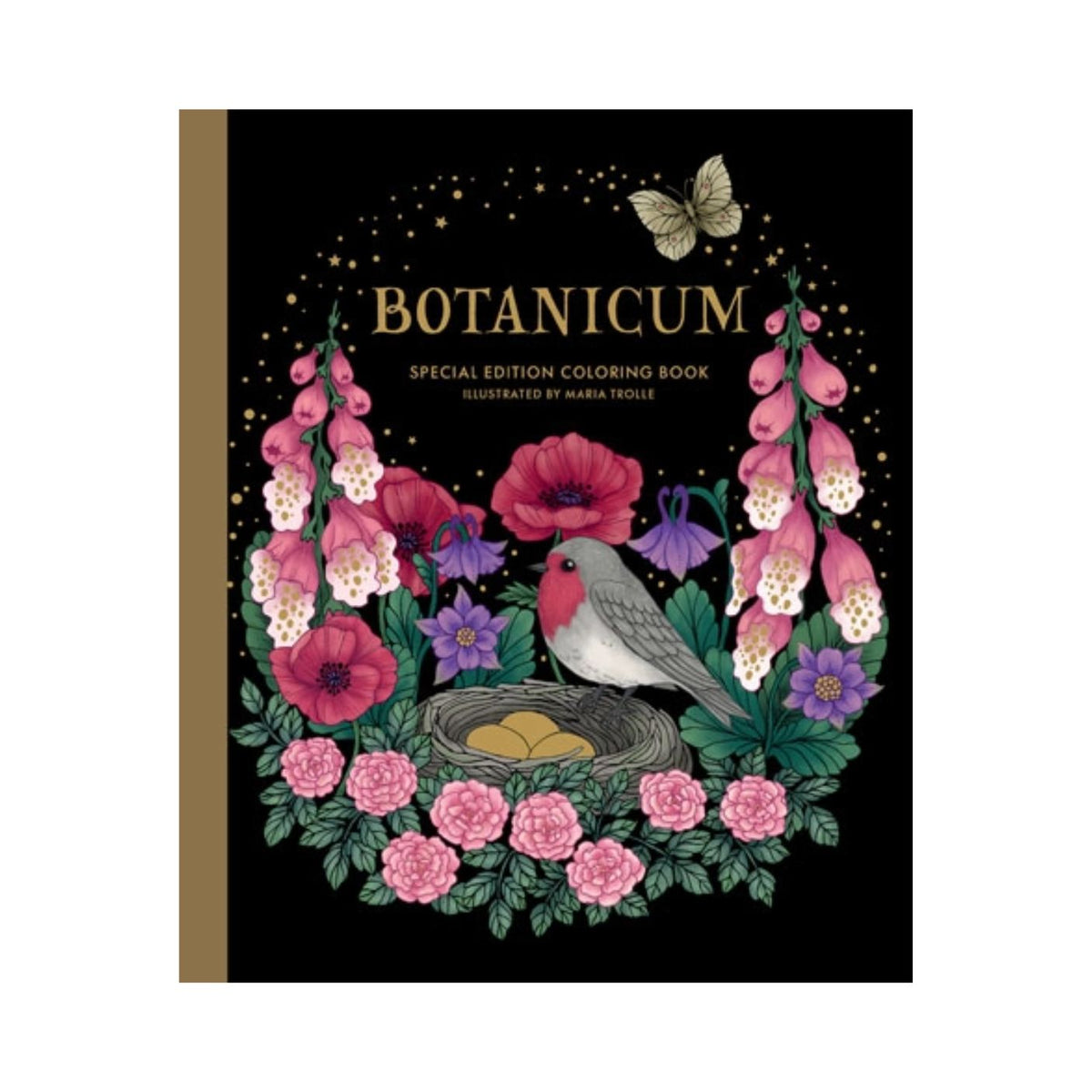 Botanicum coloring book cover with floral design and bird illustration on a black background