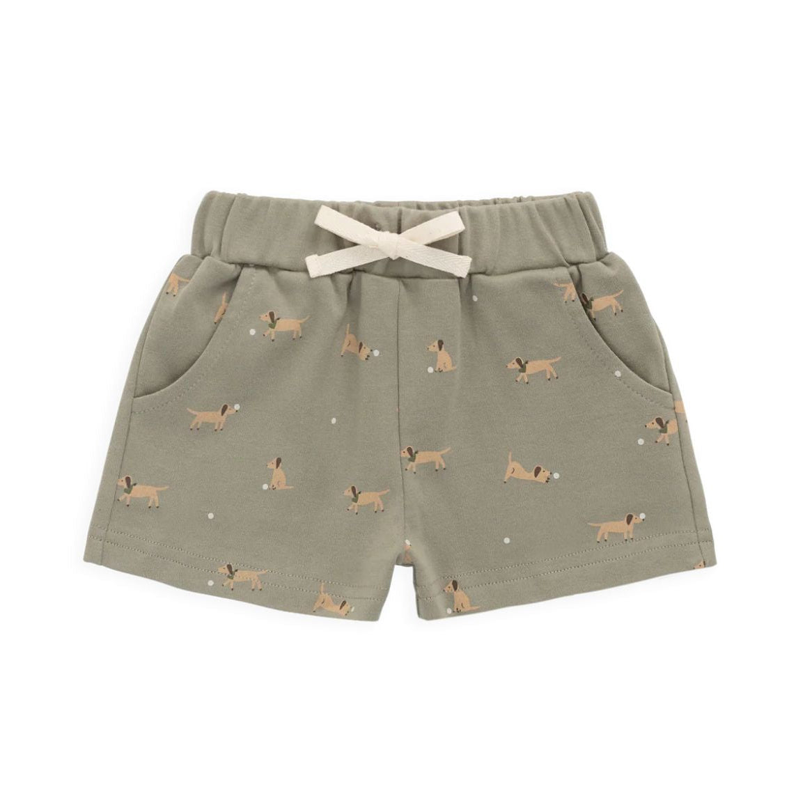 Green shorts with dog pattern on a white background
