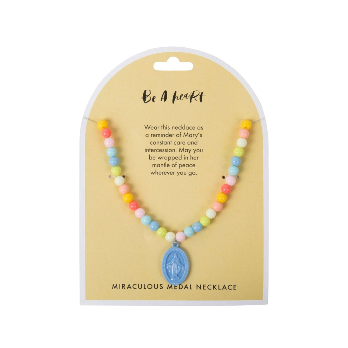 Colorful beaded necklace with a miraculous medal on a yellow card packaging.