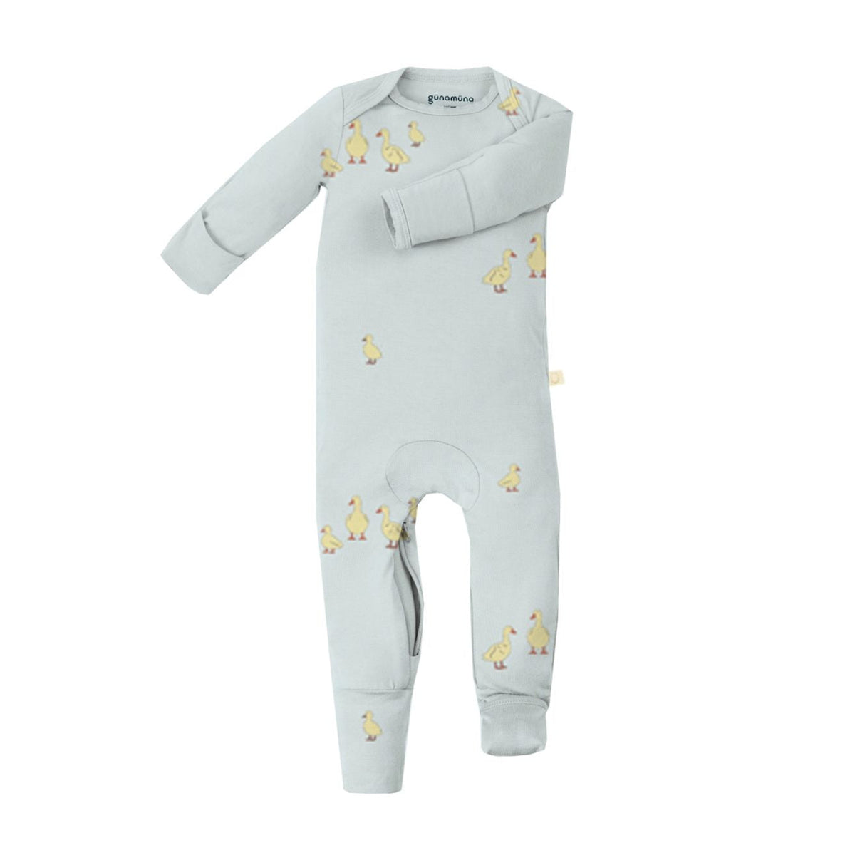 Light blue baby onesie with yellow dinosaur patterns on a white background