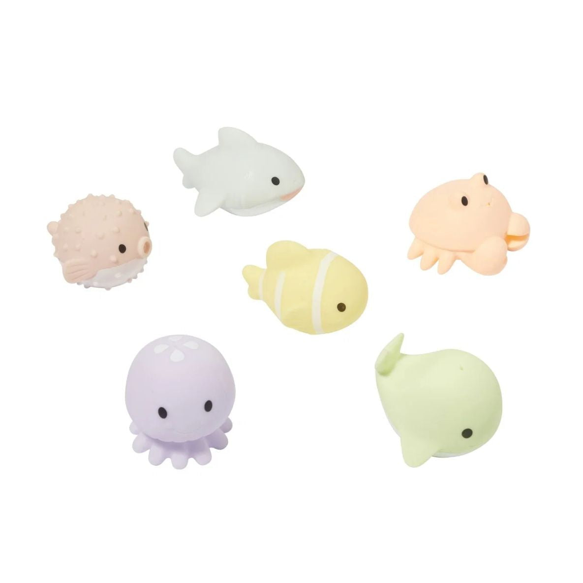 Set of pastel-colored sea creature figurines on a white background