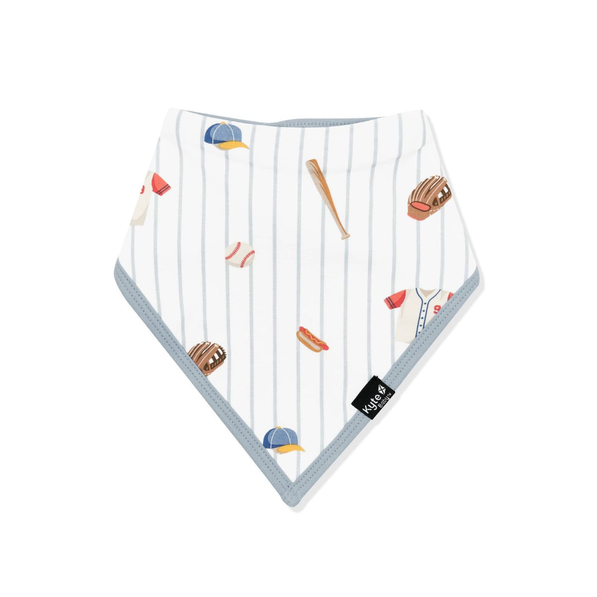 Baby bib with baseball-themed design on a white background