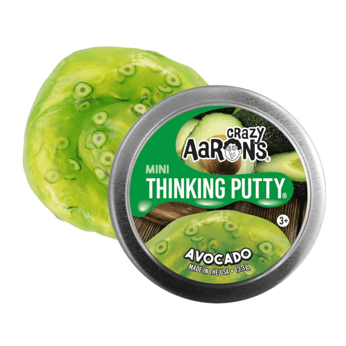 Avocado-themed mini thinking putty with packaging on a white background