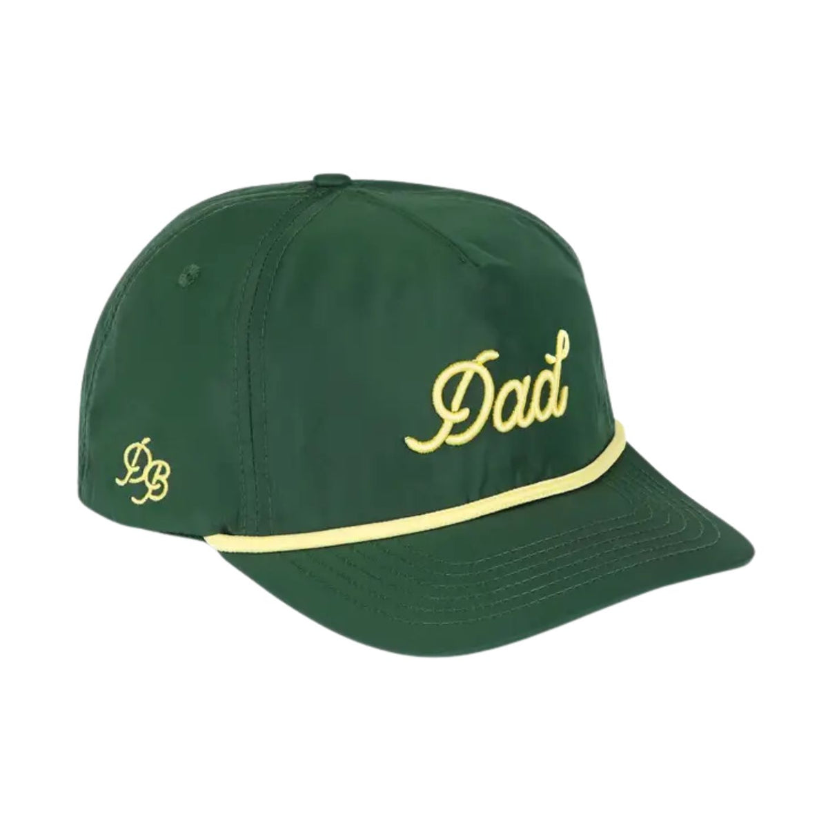 Green cap with 'Dad' embroidered in yellow on a white background