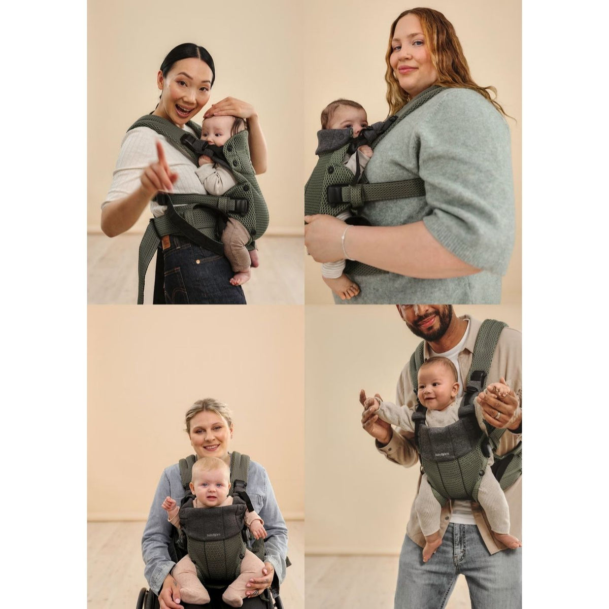 Collage of four images showing people using a baby carrier with a baby.