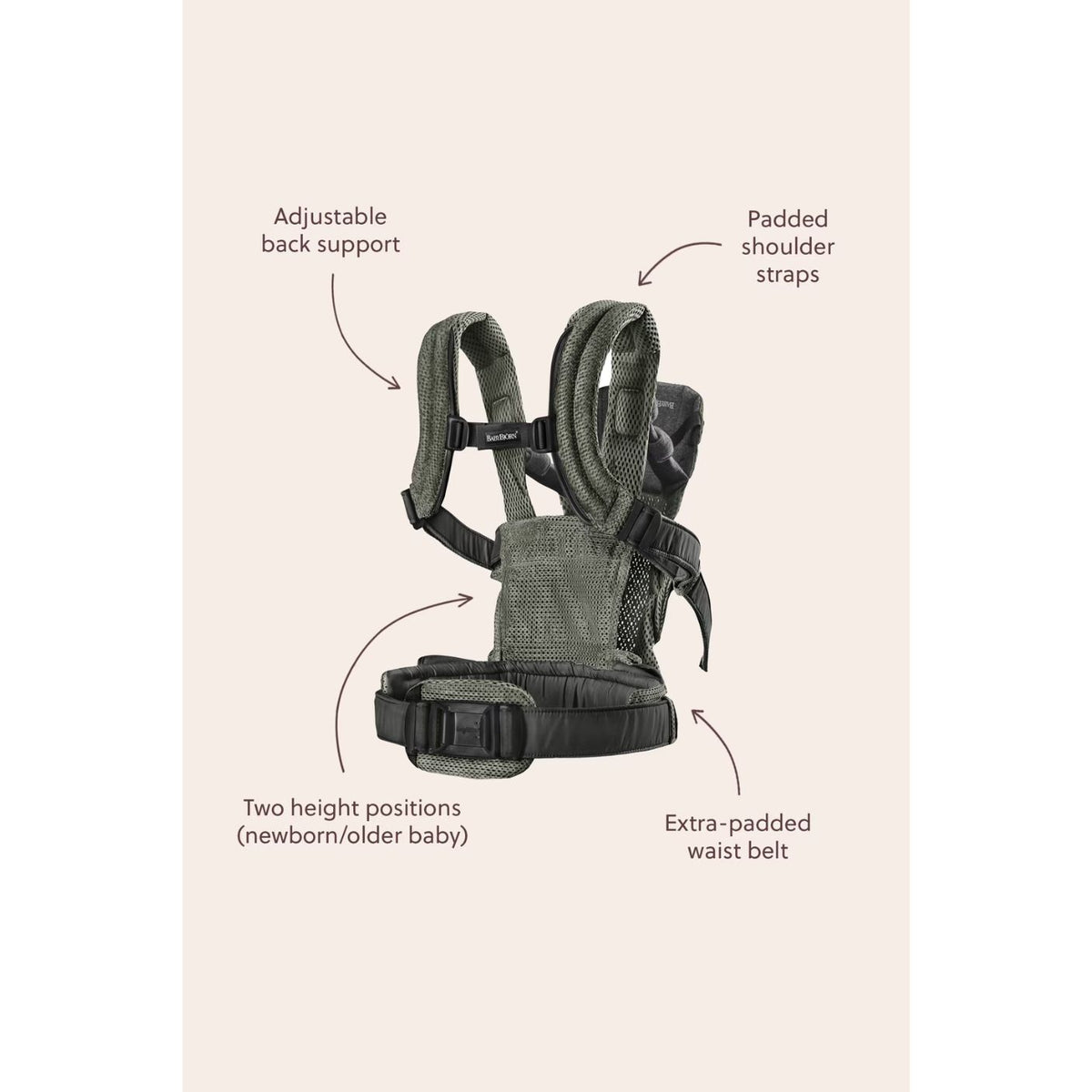 Baby carrier with labeled features on a beige background