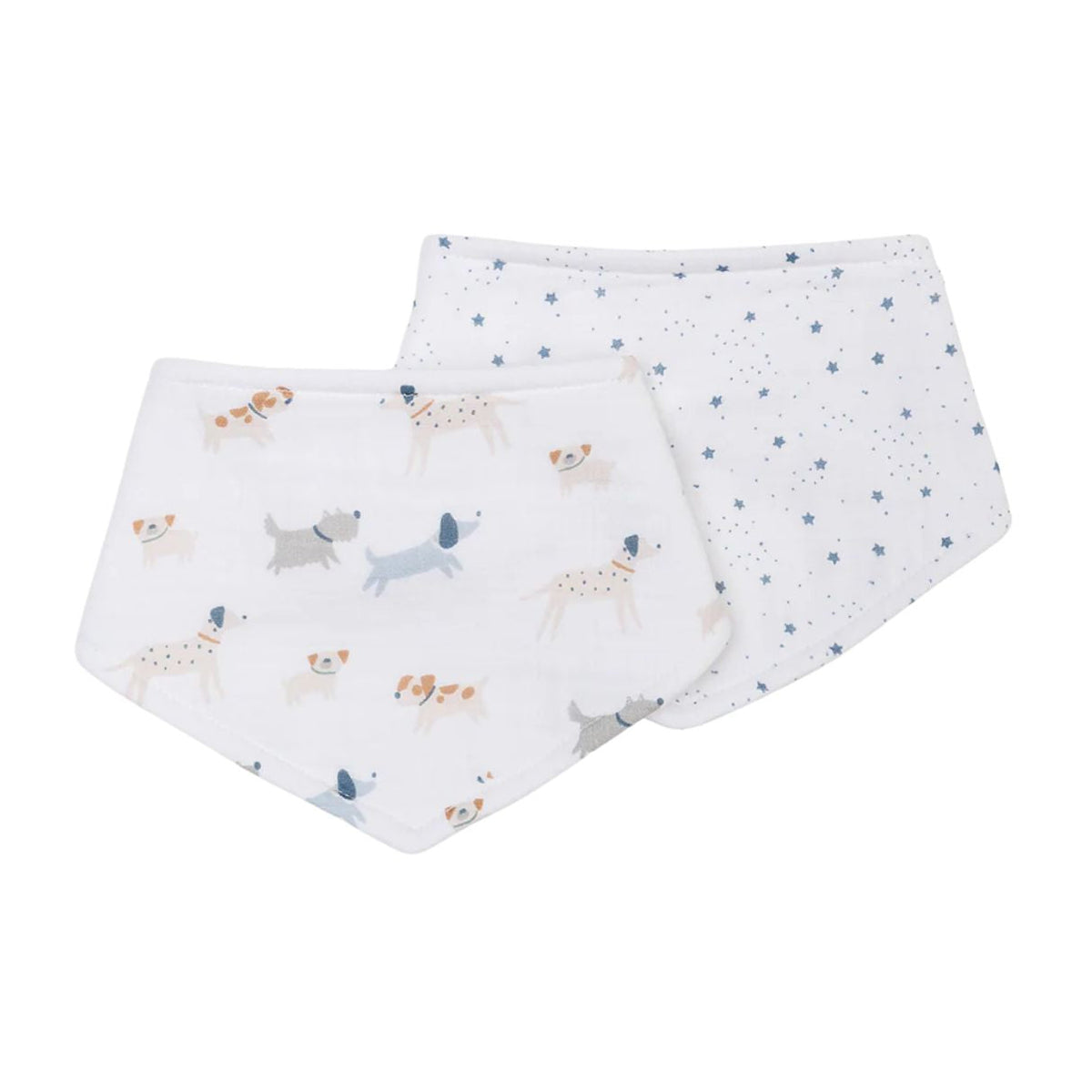Two baby bibs with dog pattern on a white background