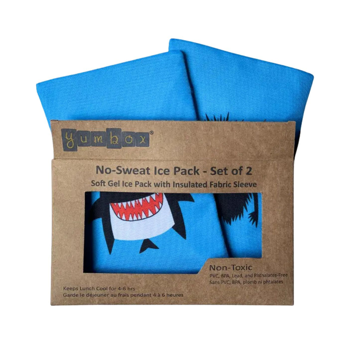 Yumbox no-sweat ice pack set with blue gel packs and cardboard packaging on a white background