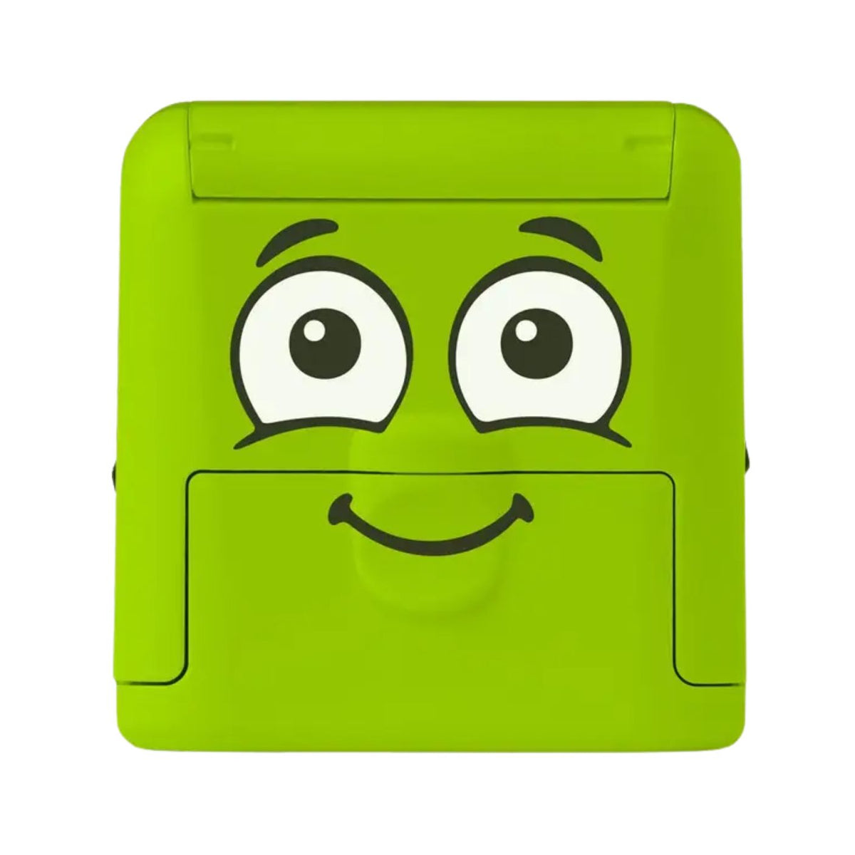 Green cartoon-style floppy disc with eyes and a mouth on a white background