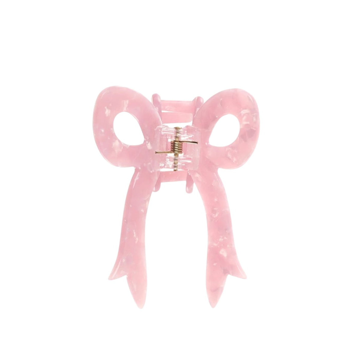 A light pink bow-shaped hair claw clip with a translucent marbled finish and a small gold metal spring in the center, shown on a plain white background.