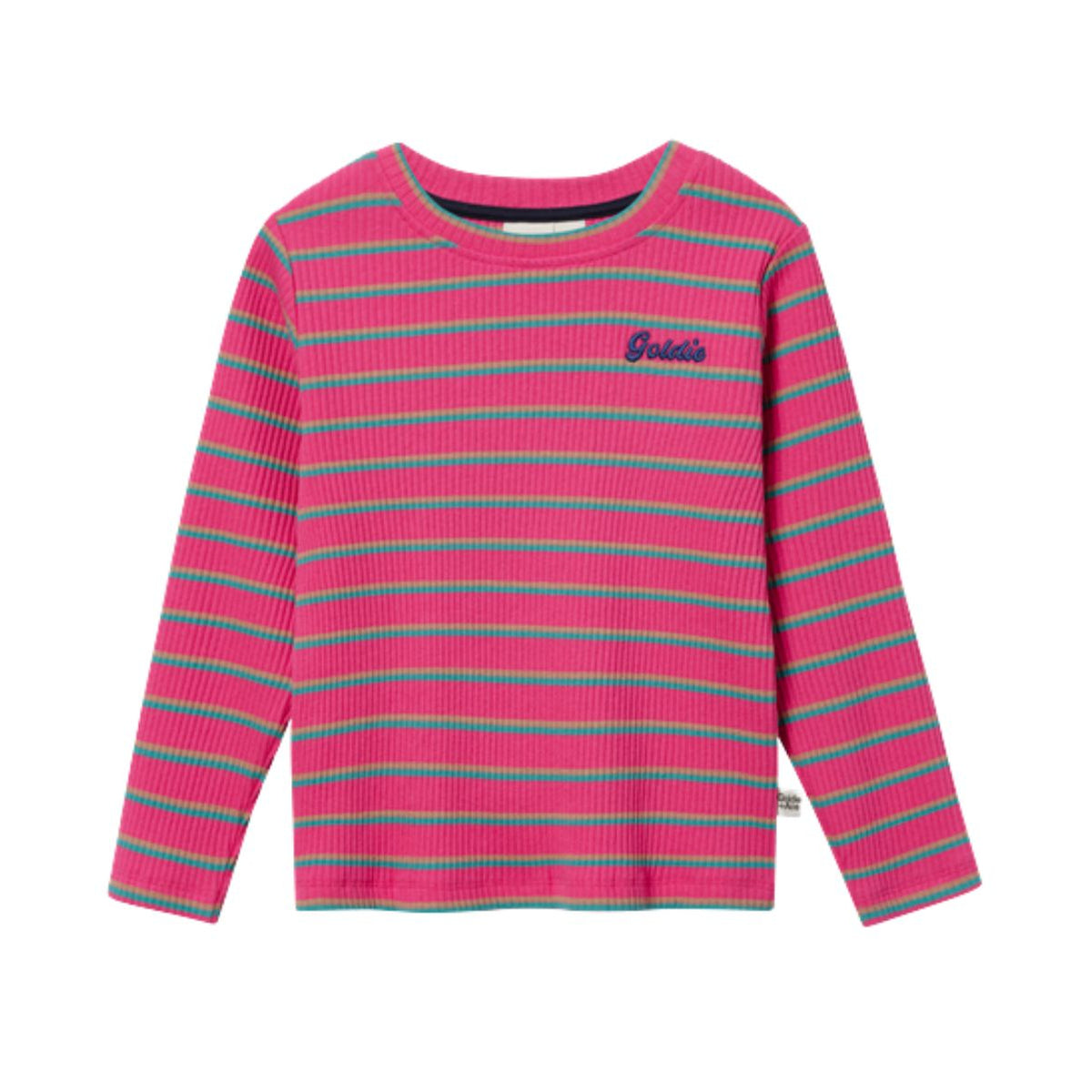 A pink and green striped long-sleeve ribbed knit top with a small embroidered 'Gnomo' logo on the left chest, displayed on a clean white background.