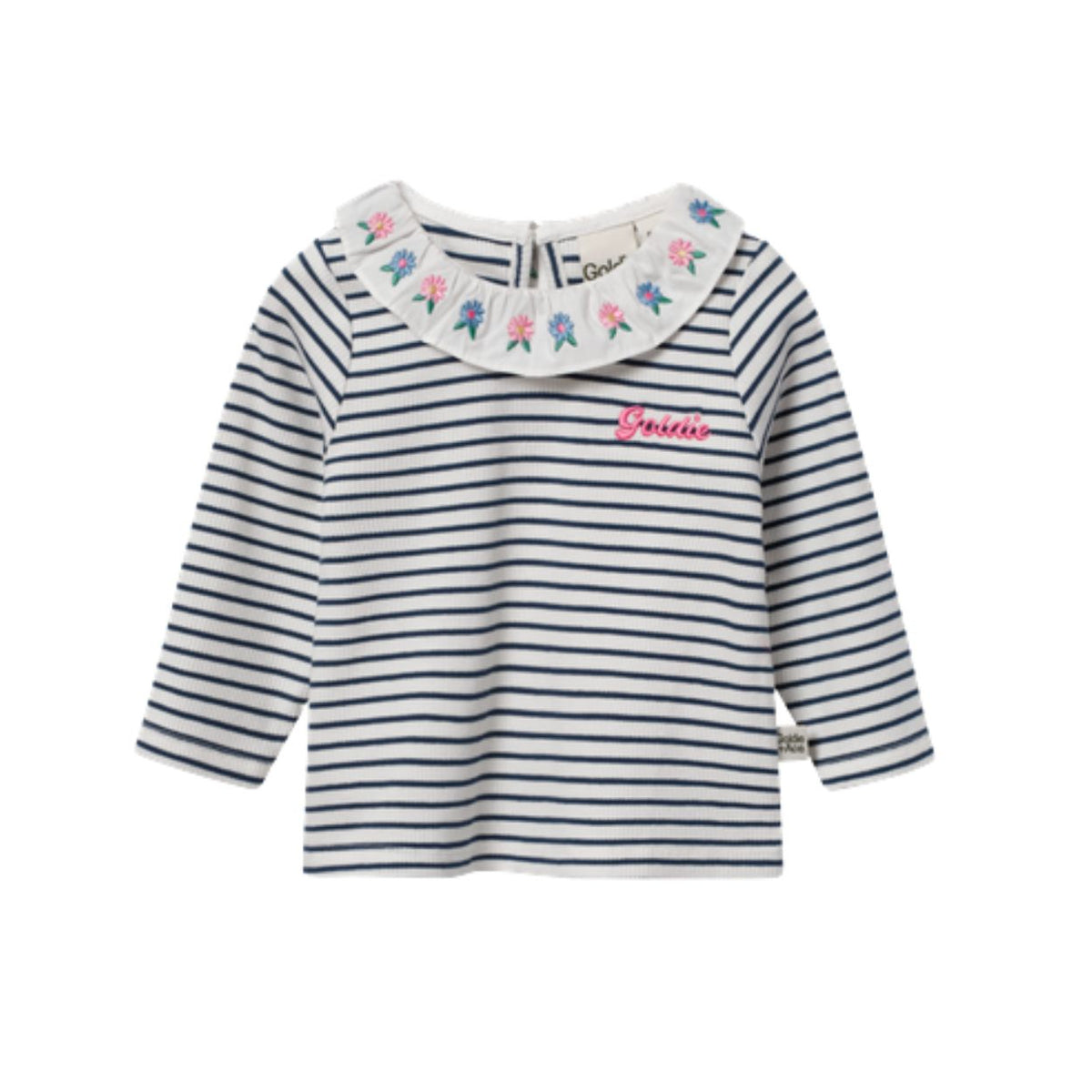 A baby girl's long-sleeve top by Port & Company, featuring navy and white horizontal stripes, a white Peter Pan collar decorated with colorful floral embroidery, and a pink embroidered logo on the chest.