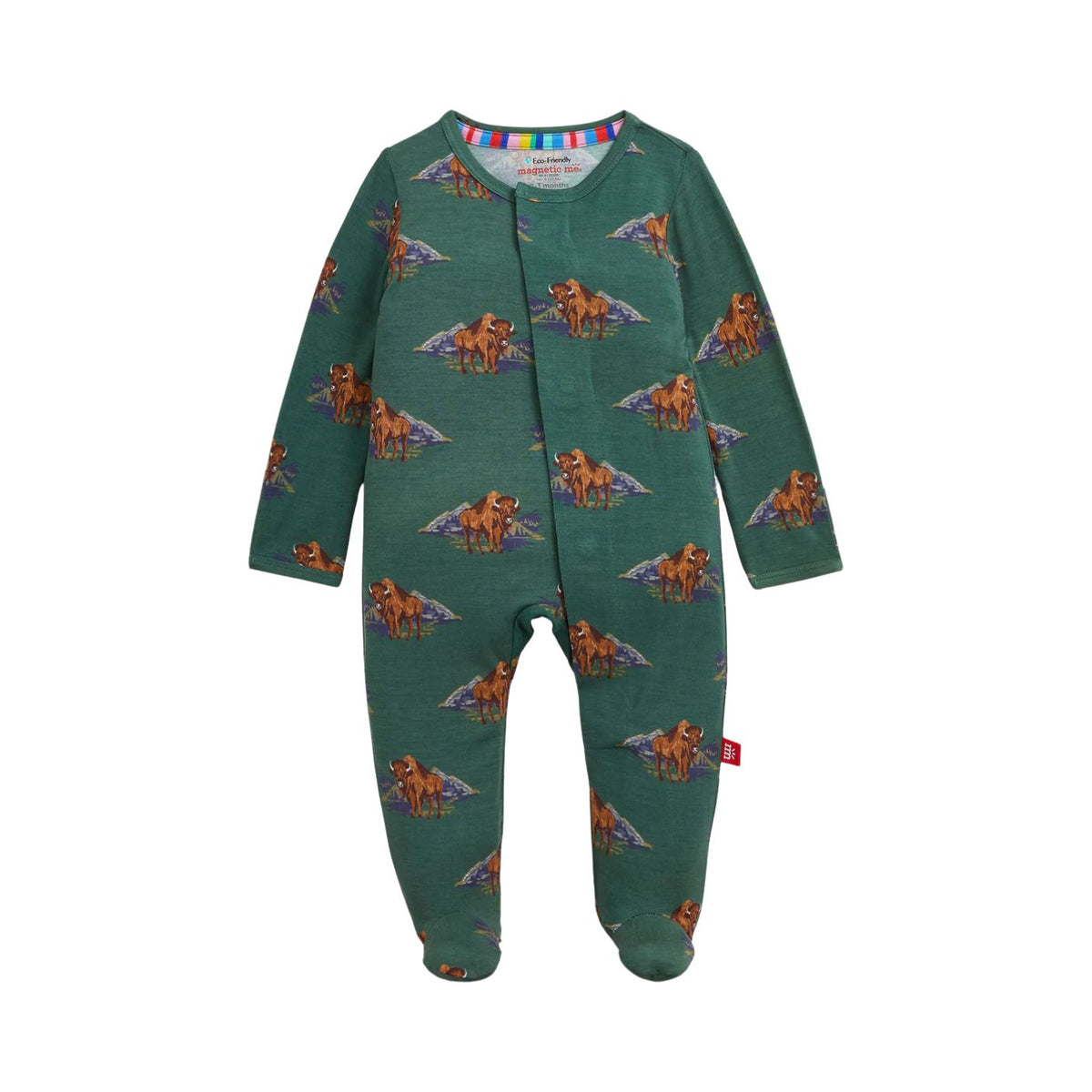 A baby footed sleeper in dark green with an allover print of brown horses with purple wings, shown against a plain white background.