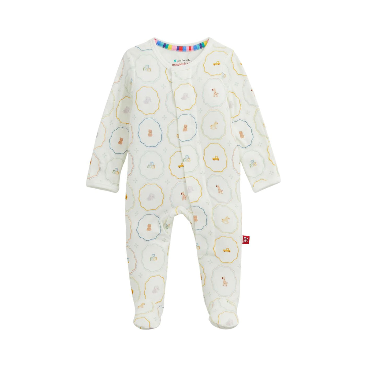 A baby footed sleeper in an off-white fabric with a colorful circular floral pattern, featuring long sleeves and a snap-button front closure.