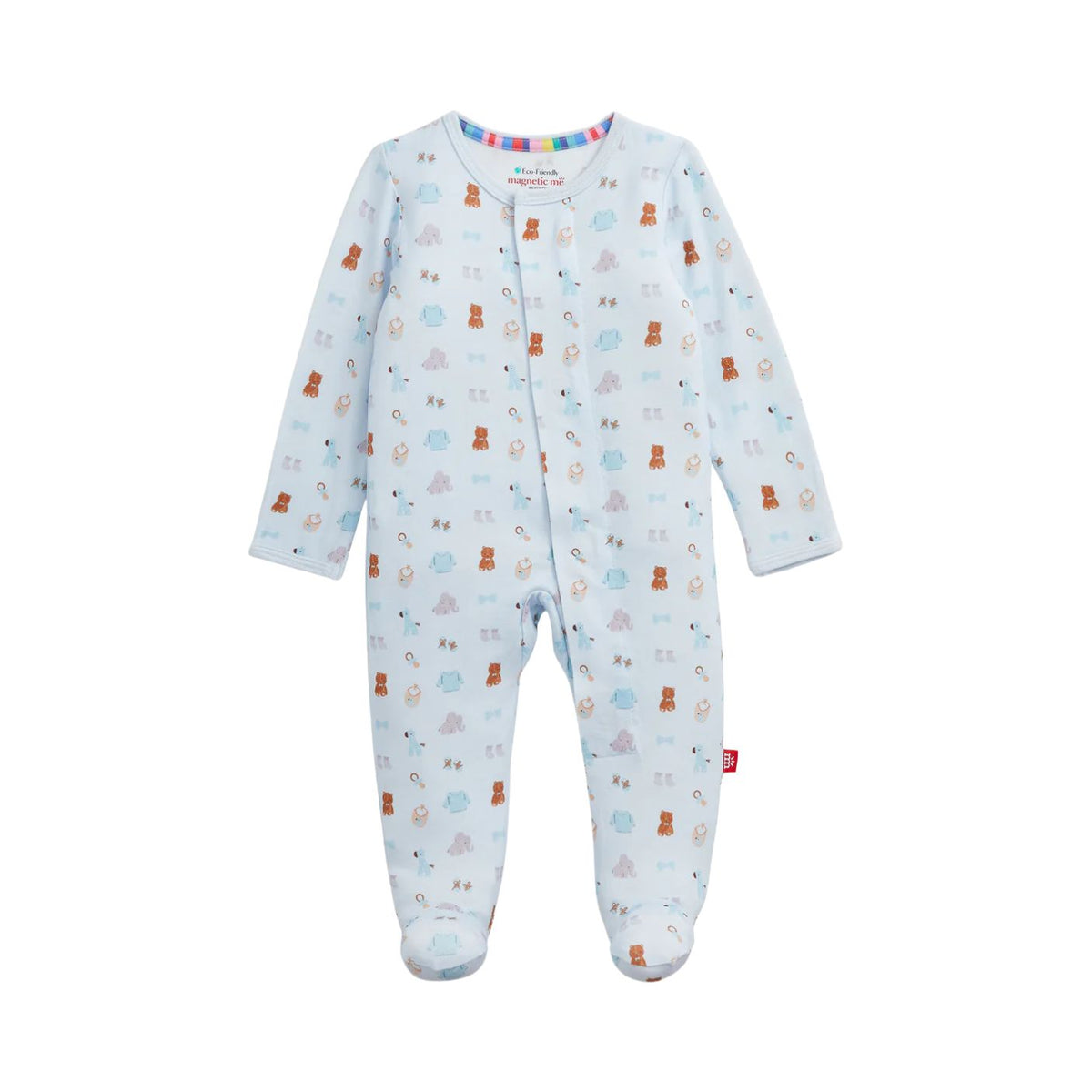 A baby long-sleeve footed sleeper in light blue with a colorful pattern of teddy bears, rainbows, and stars, shown on a plain white background.