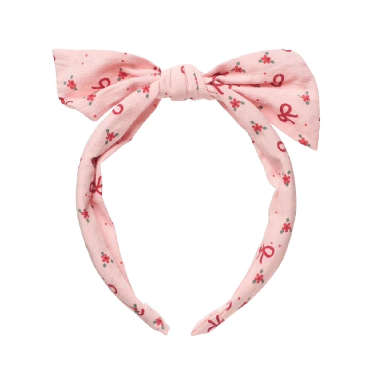 Pink headband with bow and floral pattern on a white background